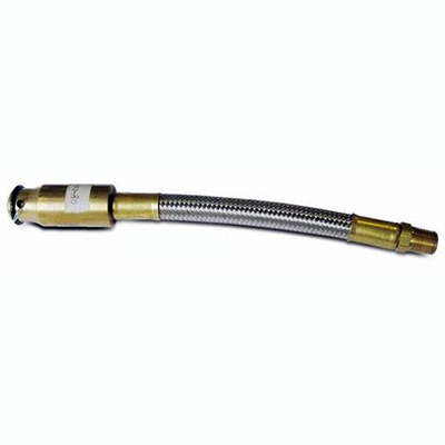 Flexible metal hose with brass fittings on both ends, designed for fluid transfer. The "Flop Tube" features a curved shape, enhancing maneuverability in tight spaces.