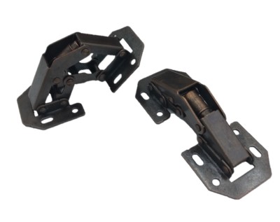 Two black metal canopy hinges with multiple mounting holes, designed for secure attachment. The hinges are angled and positioned on a white background, showcasing their structure and functionality.