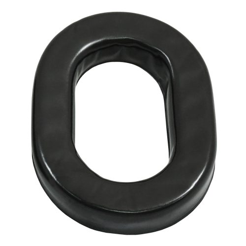 Black silicone gel ear seal from Headsets, Inc., shown in an oval shape. Designed for comfort and noise isolation in headsets.