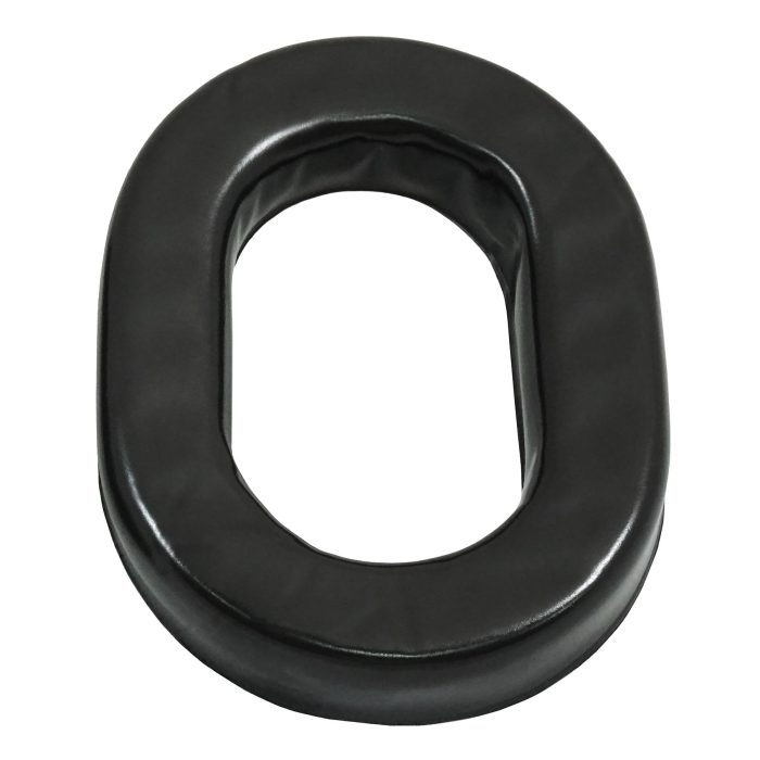 Black silicone gel ear seal from Headsets, Inc., shown in an oval shape. Designed for comfort and noise isolation in headsets.