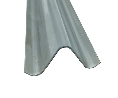 A close-up view of a metal hat section stringer, showcasing its V-shaped profile and smooth surface, against a plain white background.