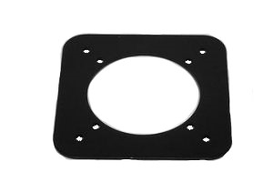 Black instrument reducer plate with a square shape and a large circular cutout in the center. It has multiple small holes around the perimeter for mounting.
