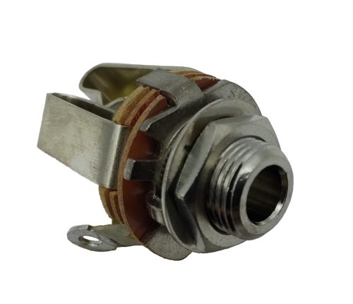 A metal panel jack with a threaded connector and a mounting bracket, designed for electrical or audio applications. The jack has a cylindrical shape and a silver finish.