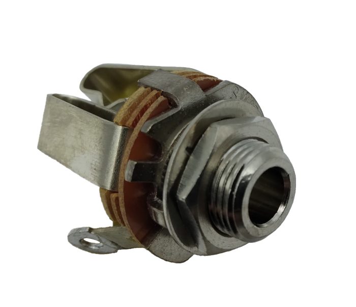 A metal panel jack with a threaded connector and a mounting bracket, designed for electrical or audio applications. The jack has a cylindrical shape and a silver finish.