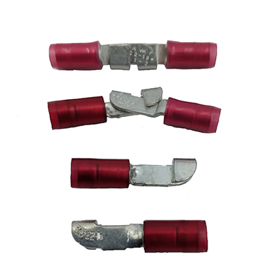 Insulated Knife Disconnect connectors arranged in a vertical stack. Each connector features a metal blade with a red insulating cover. The connectors vary slightly in shape, showcasing different styles for electrical disconnection.