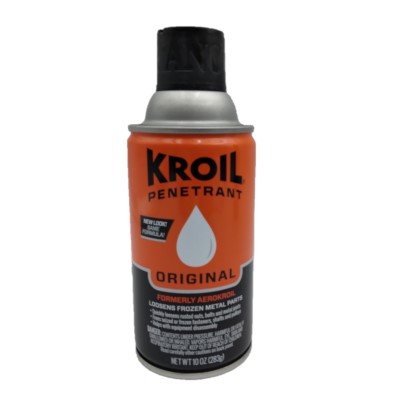 Orange and black can of Aerokroil penetrating oil, labeled "Kroil Penetrant Original," with a white droplet icon. Designed for loosening frozen metal parts.