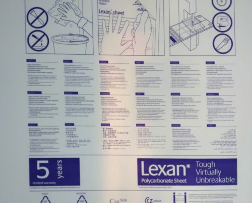 Instruction sheet for Lexan Plastic Sheet, featuring installation diagrams, safety warnings, and product details. Includes a "5 years limited warranty" notice, and highlights the sheet as "Tough Virtually Unbreakable."