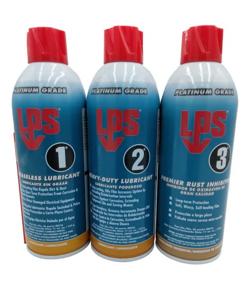 Three cans of LPS products labeled as 1, 2, and 3, featuring stainless lubricant, heavy-duty lubricant, and rust inhibitor. Each can has a red cap and blue label with product details.