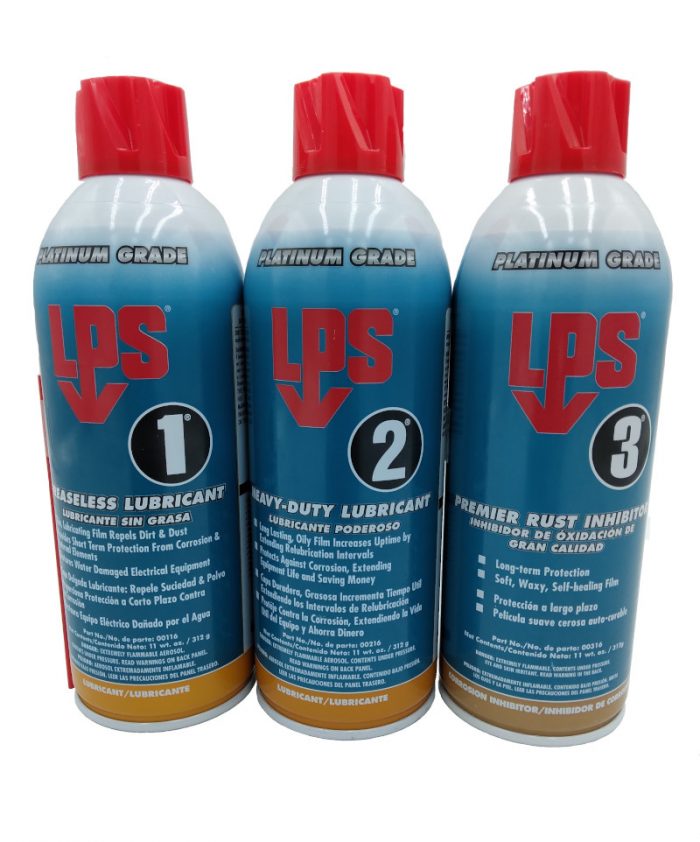Three cans of LPS products labeled as 1, 2, and 3, featuring stainless lubricant, heavy-duty lubricant, and rust inhibitor. Each can has a red cap and blue label with product details.