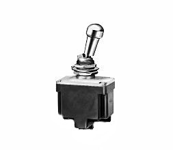 Image of a lever lock switch featuring a metallic toggle lever on a black rectangular base. The switch is designed for manual operation, allowing control of electrical circuits.