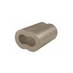 Tinned oval sleeve with a smooth metallic surface and a distinctive oval opening, designed for use with cables. This is a Nicopress tinned oval sleeve, ideal for securing and terminating wire ropes.