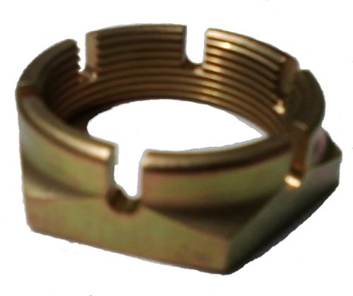A metal castle nut with a 1-1/2×16 thread size, designed for AX6 applications. The nut features a series of slots around its perimeter, giving it a castle-like appearance.