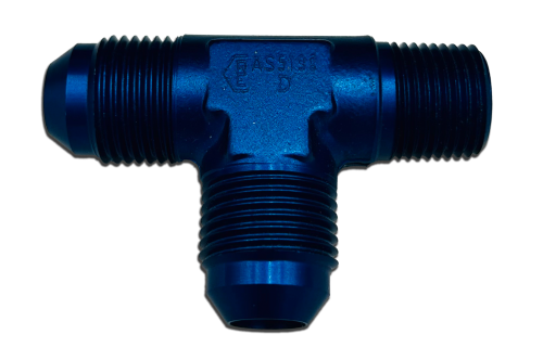 Image of a blue MS20826 Tee Fitting with three threaded ends, designed for connecting pipes. The fitting has a T-shape, with two horizontal and one vertical connection point. The surface appears metallic and slightly reflective.