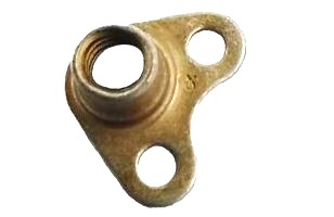 Image of an Anchor Nut Corner Self Locking (MS21073), featuring a metal nut with a threaded hole and two mounting holes on a triangular base. Designed for secure fastening in various applications.