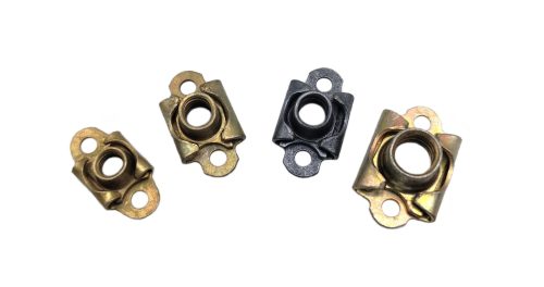 Image of four Anchor Nut Two Lug Floating Miniature (MS21075) components in varying metallic finishes. Each nut has two mounting holes and a central threaded hole, designed for secure fastening.