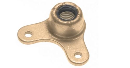 Image of an Anchor Nut Corner Nylon Locking (MS21081) with a bronze finish. The nut has two holes for mounting and a nylon insert for secure fastening.