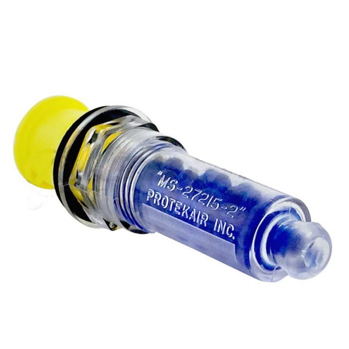 A blue and yellow dehydrator plug with text "PROTEK AIR INC." and "MS-27215-2" visible on its side.