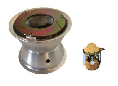 6" Matco Wheel & Brake Silver featuring a polished metal wheel with a circular opening and mounting holes on top. Next to it is a brake component with a gold finish and a red valve, showcasing its mechanical design.
