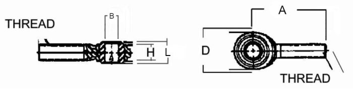 Diagram of male rod end bearings, showing two views with labeled dimensions: side view with thread, and top view indicating measurements A, D, H, and R1.