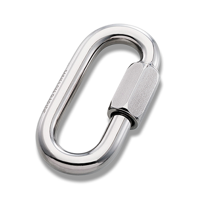 Stainless steel rapide link with an oval shape and a threaded locking mechanism, designed for secure connections.