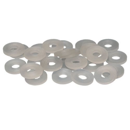 A pile of translucent nylon washers spread out on a white background.
