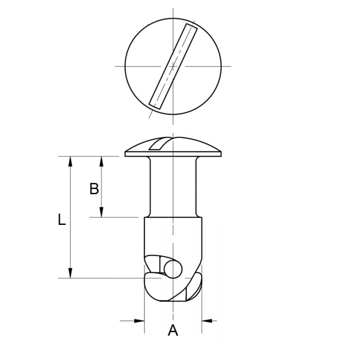 Technical drawing of a Dzus fastener, showing a side view with dimensions labeled A, B, and L, and a top view with a slotted head.