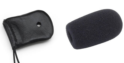 The image shows two mic covers: a black leather drawstring pouch on the left and a black foam windscreen on the right. Both are designed to protect microphones from noise and environmental factors.