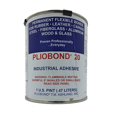 A can of Pliobond Industrial Adhesive labeled for permanent flexible bonds on materials like rubber, leather, and metal. It contains a flammable mixture and is harmful if inhaled or swallowed. The can holds 1 US pint (0.47 liters).