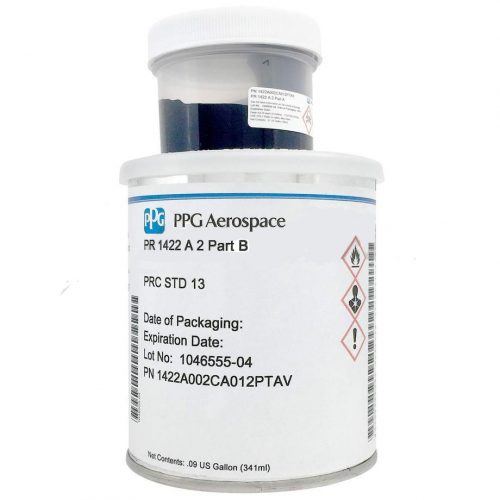 A white container labeled "PPG Aerospace PR 1422 A 2 Part B" with hazard symbols and batch details, related to the "Proseal Fuel Metal Tank" product. The container holds 0.9 US gallons.