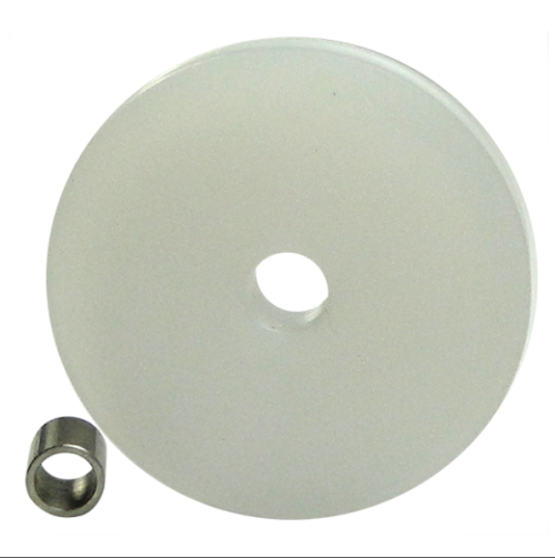 Image of a "Poly Pulley," featuring a white circular pulley with a central hole and a small metallic cylindrical component beside it. The pulley is designed for mechanical or industrial use.