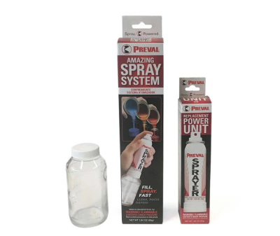 Preval Portable Spray Gun packaging with a clear jar, a spray system box, and a power unit box. The boxes feature images of the product in use, highlighting its versatility and ease of application.