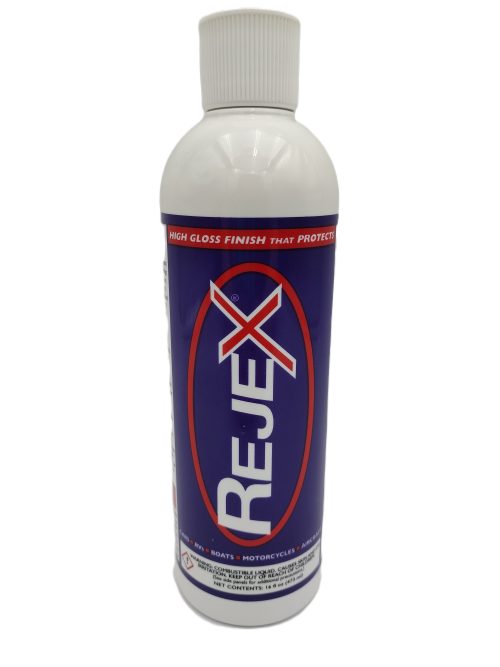 A white bottle of Rejex Soil Barrier/Anti-Stain Protection with a blue label featuring the product name in red. The bottle has a screw-top lid and instructions for use printed on the label. The product is designed to provide a high gloss finish that protects surfaces.