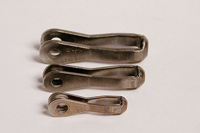 Three metal strap fork ends of varying sizes are displayed. The largest is at the top, followed by a medium-sized fork end, and the smallest at the bottom. Each has a rounded shape with a hole at one end for attachment. The image is titled "SA362 Strap Fork End."