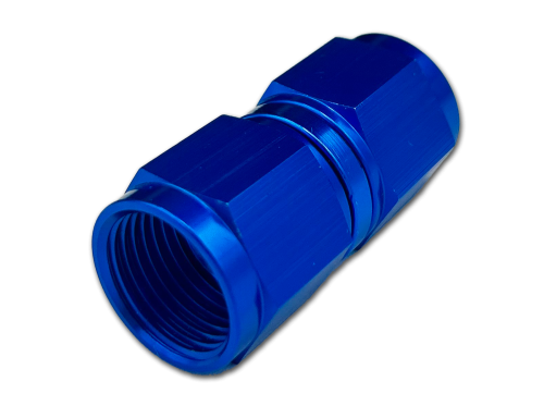Image of a blue female swivel coupling fitting. The fitting features hexagonal ends and a central swivel section, designed for connecting pipes or hoses. The metallic finish highlights its durability and functionality.