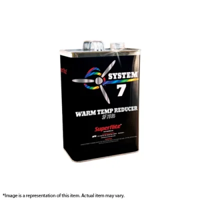 A black canister labeled "Superflite System VII Warm Temp Reducer" with a colorful propeller graphic and the product code SF7806. The canister has a silver cap and is designed for reducing paint viscosity in warm temperatures.