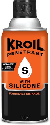 Orange and black can of Kroil Penetrant with Silicone, labeled "Formerly Silikroil," 10 oz. size. The can features a droplet icon with an "S" in the center, indicating the new formula.