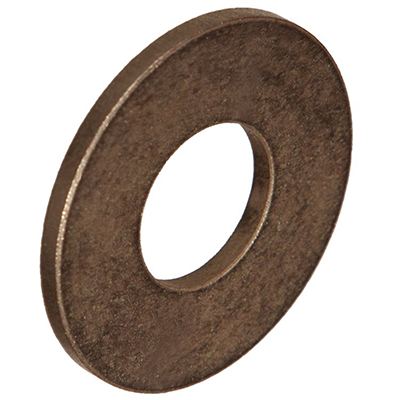 Thrust bearing shown as a flat, circular metal washer with a central hole, designed to support axial loads in machinery. The surface is slightly textured, indicating its durable material.