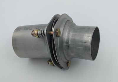 Metal exhaust flange with an exhaust bend, featuring bolts and a spring, designed for connecting exhaust components.
