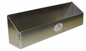 Rectangular metal loaf pan with a sloped side, featuring a label on one end.