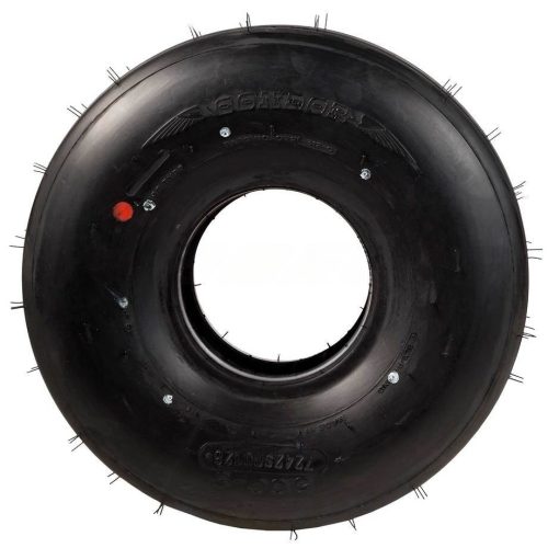 Black rubber tire with a smooth surface and small protruding spikes around the edges. The center has a circular opening and a red dot indicator. The product is labeled as "Condor Tire."