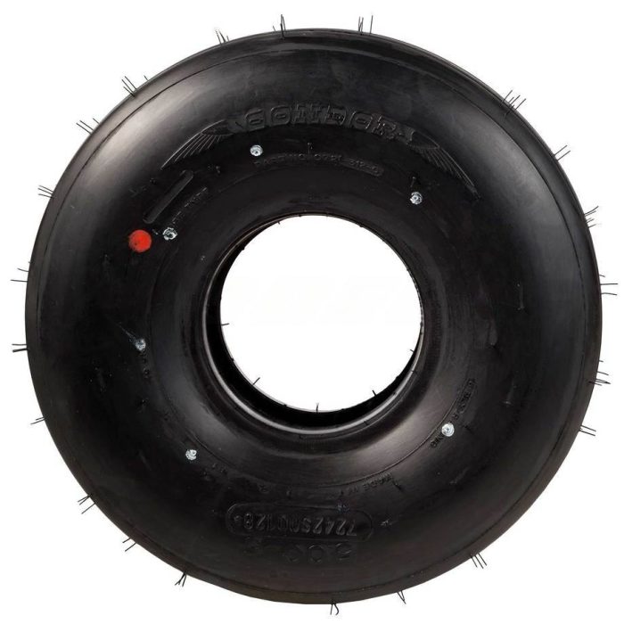 Black rubber tire with a smooth surface and small protruding spikes around the edges. The center has a circular opening and a red dot indicator. The product is labeled as "Condor Tire."