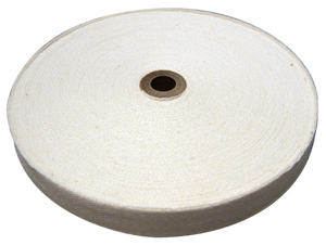 A large roll of white twill tape with a visible cardboard core, coiled neatly, against a plain white background.