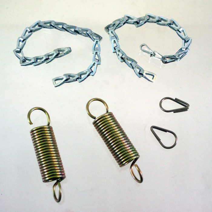 Tailwheel Spring Set featuring two coiled metal springs, two metal clips, and two short chains. The springs are gold-colored with hooks on each end, while the clips and chains are silver. The components are arranged on a light background.