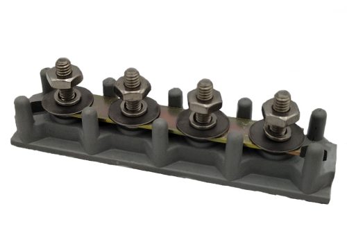 The image shows an electrical terminal board with five metal screw terminals mounted on a gray plastic base. The terminals are evenly spaced and designed for connecting electrical wires securely.
