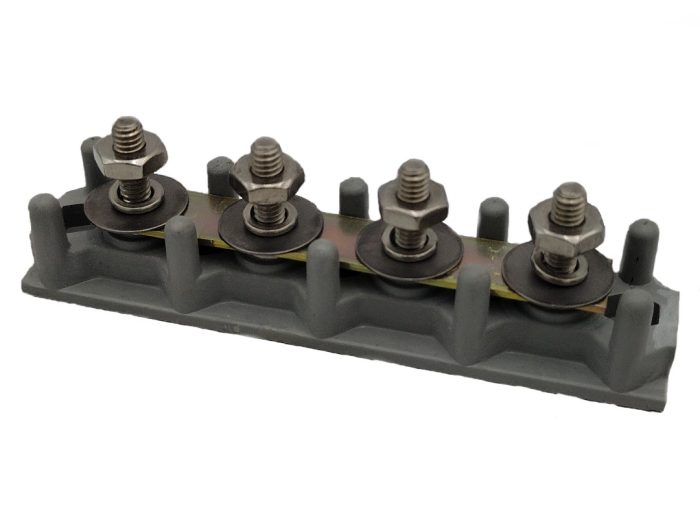The image shows an electrical terminal board with five metal screw terminals mounted on a gray plastic base. The terminals are evenly spaced and designed for connecting electrical wires securely.