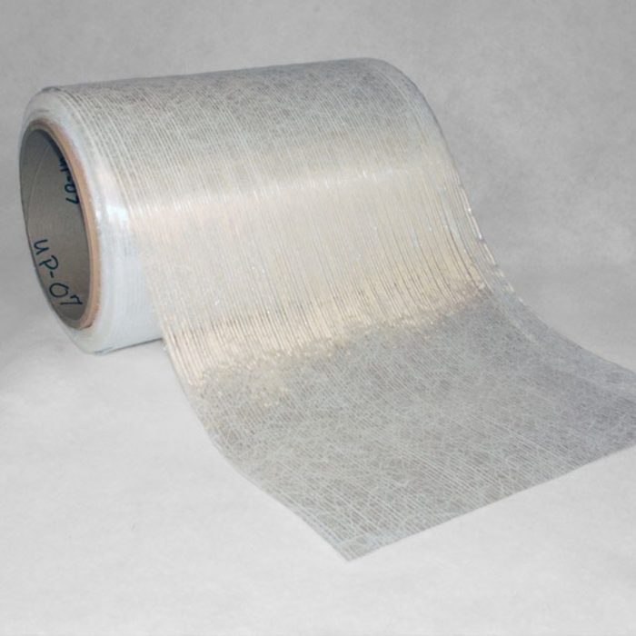 A roll of Unifiber Reinforcement Tape partially unrolled on a neutral background. The tape appears semi-transparent with a textured surface, suitable for strengthening applications.