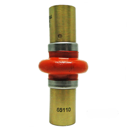 Image of a heavy-duty universal joint featuring a brass-colored cylindrical body with a red central connector. The joint is marked with the number 65110, designed for robust mechanical applications.