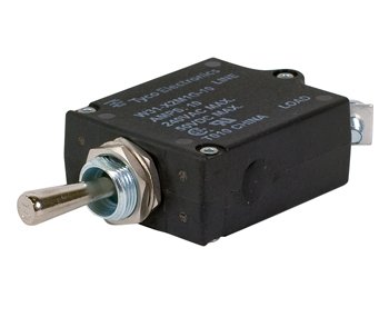 Toggle switch with a metal lever and a black housing. The switch features a threaded mounting nut and two electrical terminals for connections. The label on the switch indicates specifications for voltage and current.