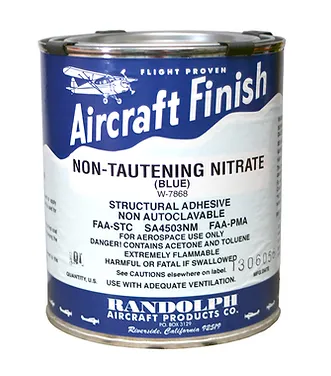 A can labeled "Aircraft Finish Non-Tautening Nitrate (Blue)" by Randolph Aircraft Products Co. The label warns of flammability and advises careful handling. The product is related to polyurethane or enamel reducers.