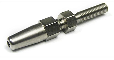 A metallic wire grip featuring a tapered end and threaded section, designed for securing wires. The grip consists of two hexagonal nuts for attachment and adjustment, showcasing a durable and functional design for various applications.